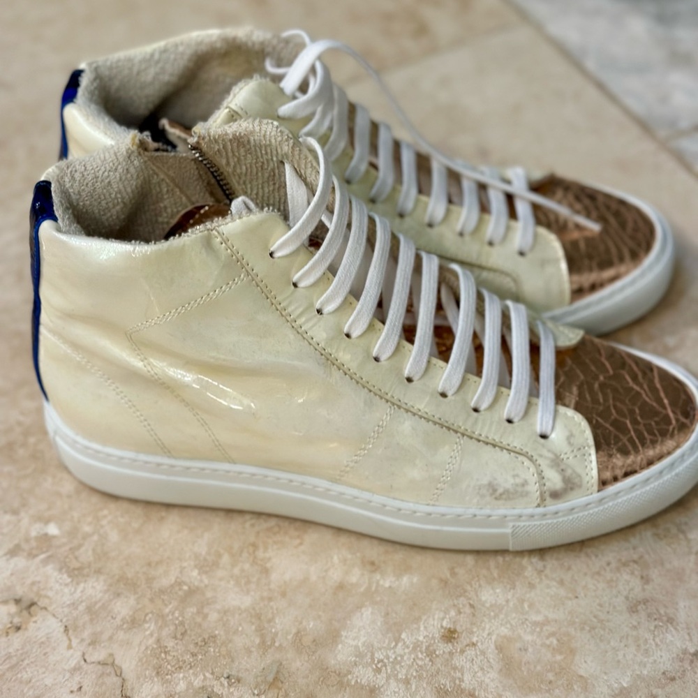 P448 Cream and Brown High-Top Sneakers with Metallic Toe